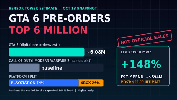GTA 6 Pre-Orders Top 6 Million, 148% Ahead of Modern Warfare 2, Sensor Tower Estimates